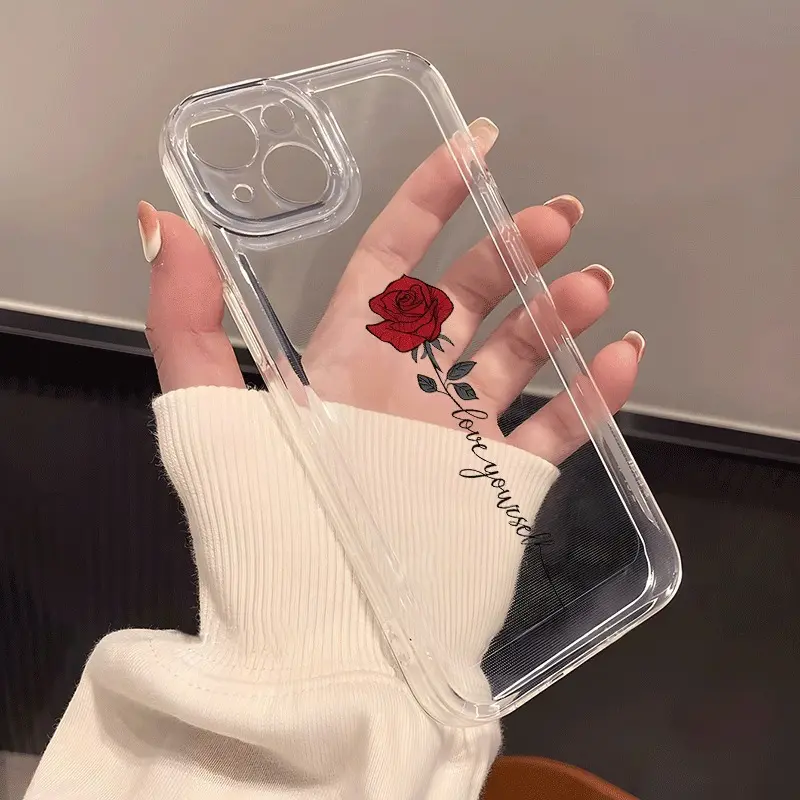 Red Rose Love Yourself Text Print Clear Phone Case for iPhone 17/16/15/14/13/12/11 Pro Max Plus Air – Shockproof Clear TPU Aesthetic