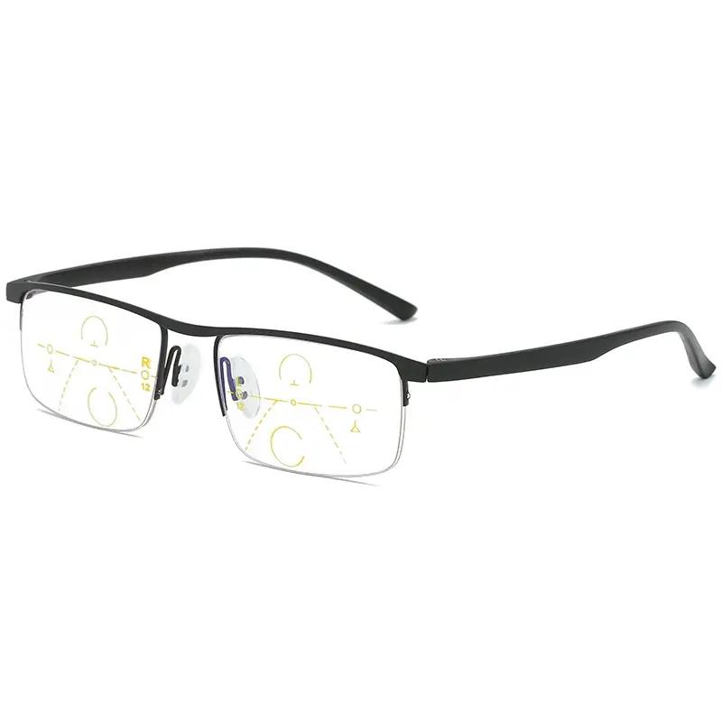 2-for-1 progressive bifocal reading glasses, ultra-light, flexible anti-glare, +1.0 to +4.0 prescription, semi-rim rectangular design, unisex, includes eyeglass case