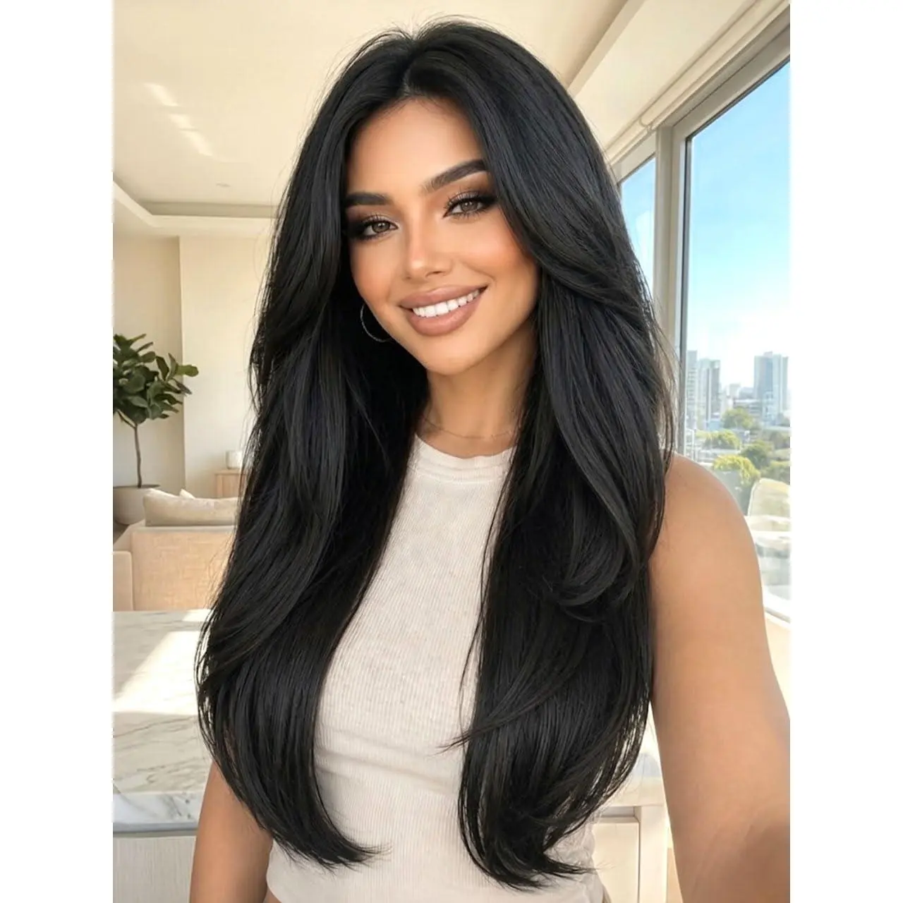 13x6 Lace Front Black Wig for Women, Long Layered Wig 26 Inch | Synthetic Wig,Straight Wig,Middle or Side Part,Pre-Plucked line,Beginner Friendly,Daily Wear,Soft  Fiber, Framing