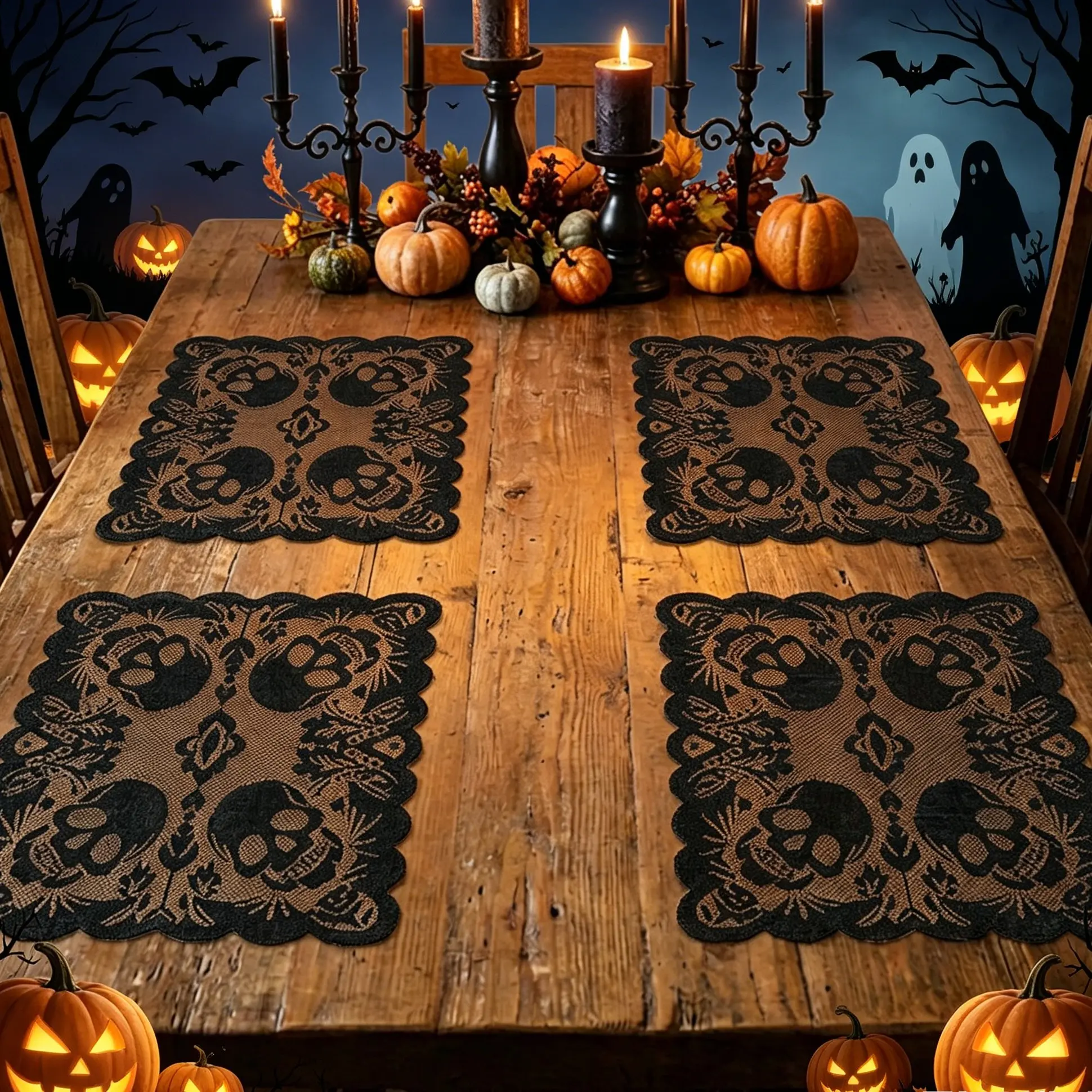 4-Piece Halloween Skull Lace Placemats, Dark Gothic Style Table Decor, Atmospheric Dining Mat Set, Perfect for Halloween Parties