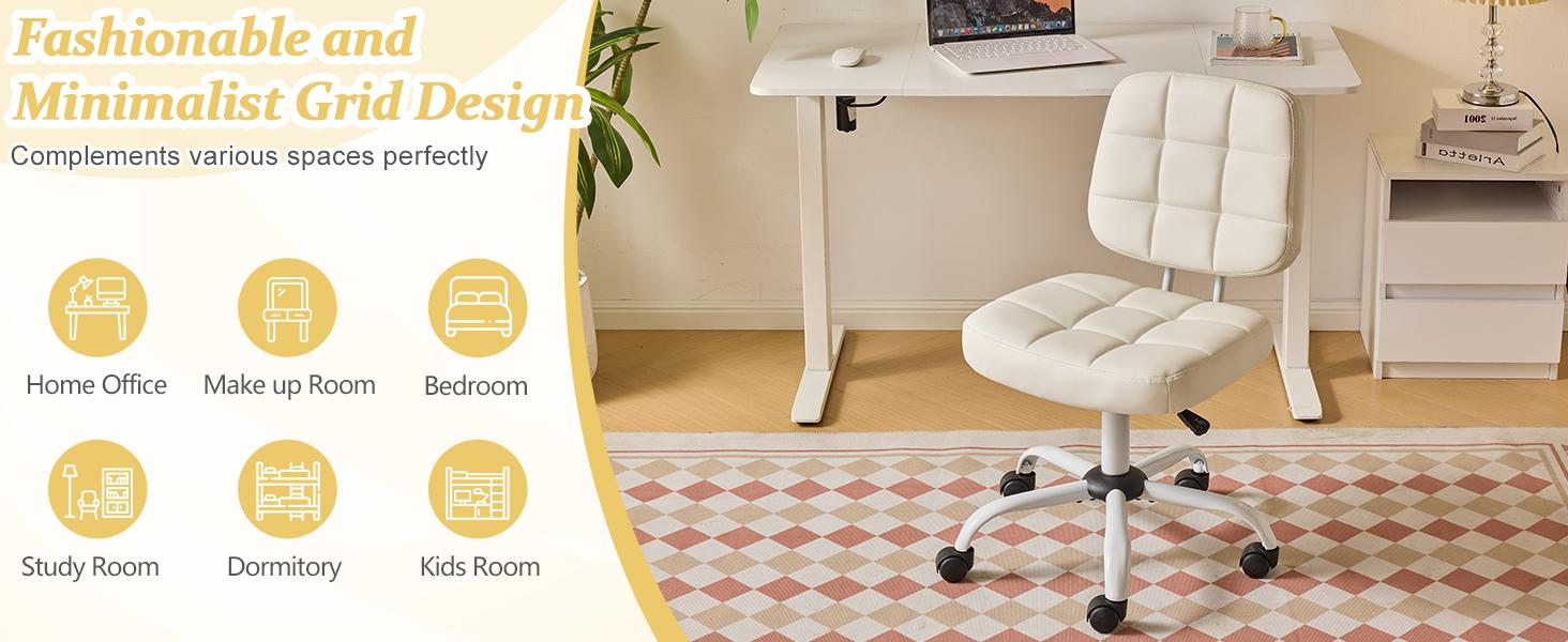 VINGLI Compact Small Desk Chair, Cute Armless Chair with Wheels, Vanity Chair with Low Back, Height Adjustable Task Chair for Small Spaces, Office, Bedroom, Make Up Room, PU Leather, White VINGLI Compact Small Desk Chair, Cute Armless Chair with Wheels, Vanity Chair with Low Back, Height Adjustable Task Chair for Small Spaces, Office, Bedroom, Make Up Room, PU Leather, White