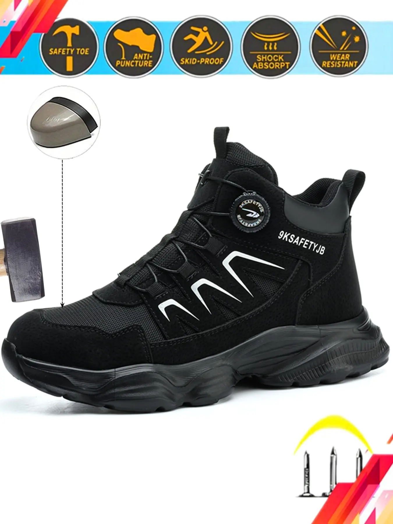 Men's and Women's Steel Toe Shoes, Anti-Compression Kevlar, Hook-And-Lock Laces, Ideal for Workshop/garden/building/warehouse/lifting, Safety Work Footwear