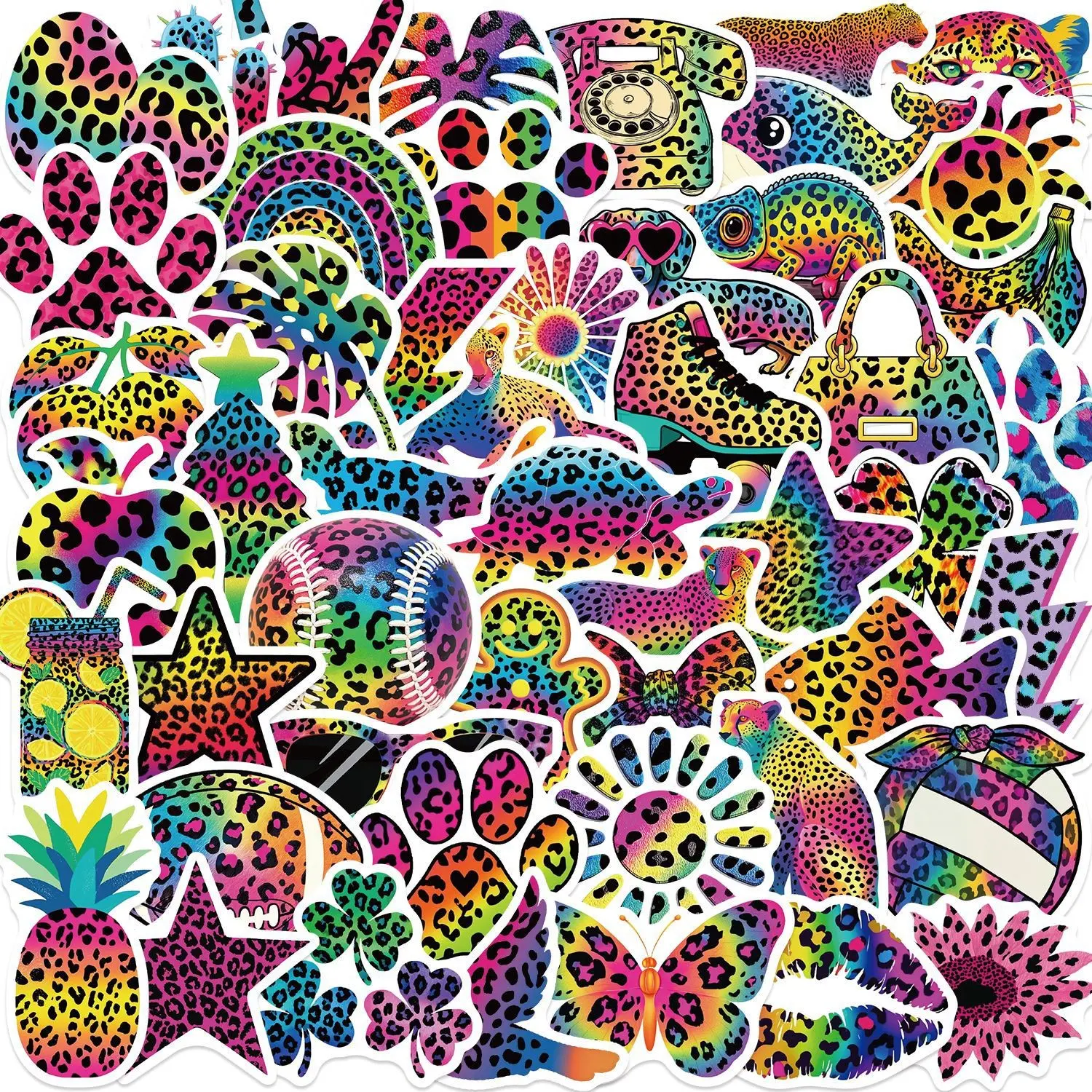 50 Cartoon Leopard Print Stickers, Waterproof DIY Decorations for Guitar Notebook Luggage, No Residue, Perfect for Handmade Journals