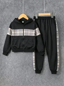 Boys' Fall & Winter Letter Pattern Fitted Matching Set, Casual Warm Sports, 2-Piece Hooded Zipper Jacket, Ages 7-11 Years