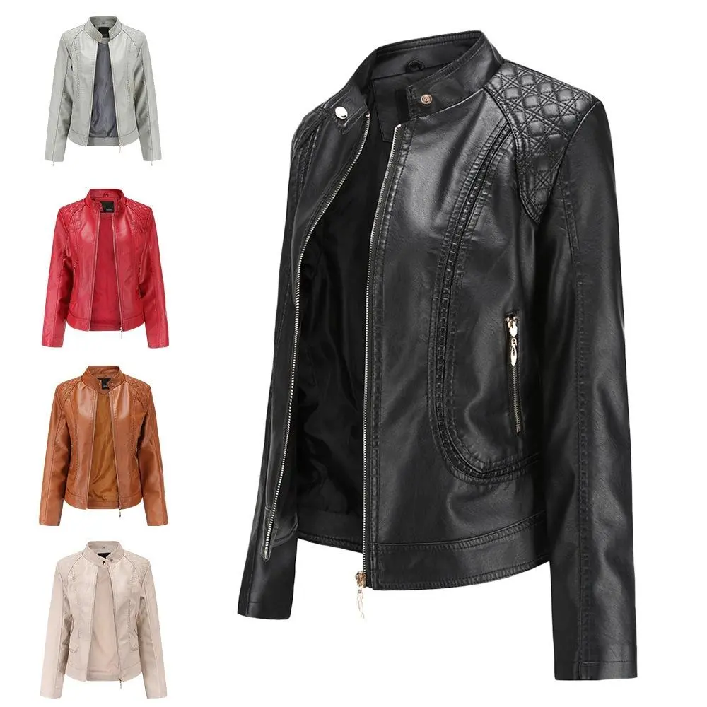 BIGWIG Women's PU Leather Biker Outerwear - Stand Collar, Long Sleeve, Fitted Slim Fit, Zipper Closure, Solid Color Tops Clothes for Spring & Autumn, Lady, Basic