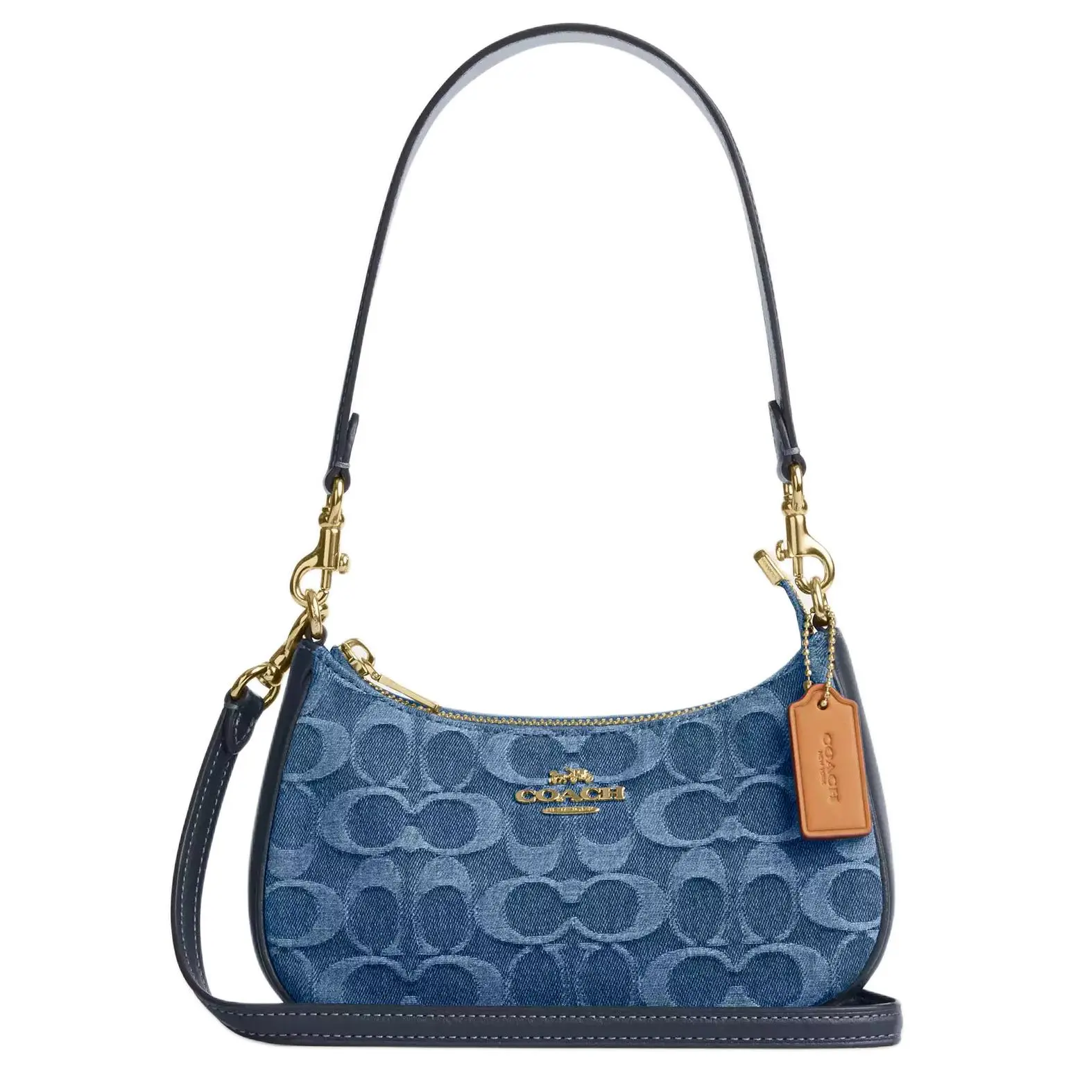 COACH Teri 19 Printed Logo Denim Crossbody Bag for Women – Mini, Gold and Indigo