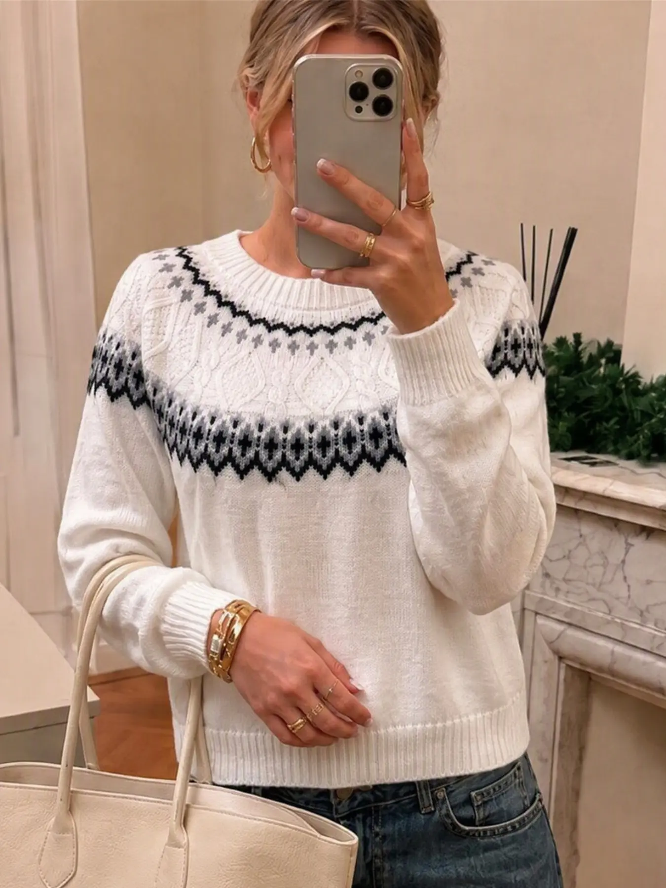 Fair Isle Knitted Sweater for Women, Round Neck Long Sleeve Vintage Nordic Pattern, Classic Loose-Fit Pullover Top