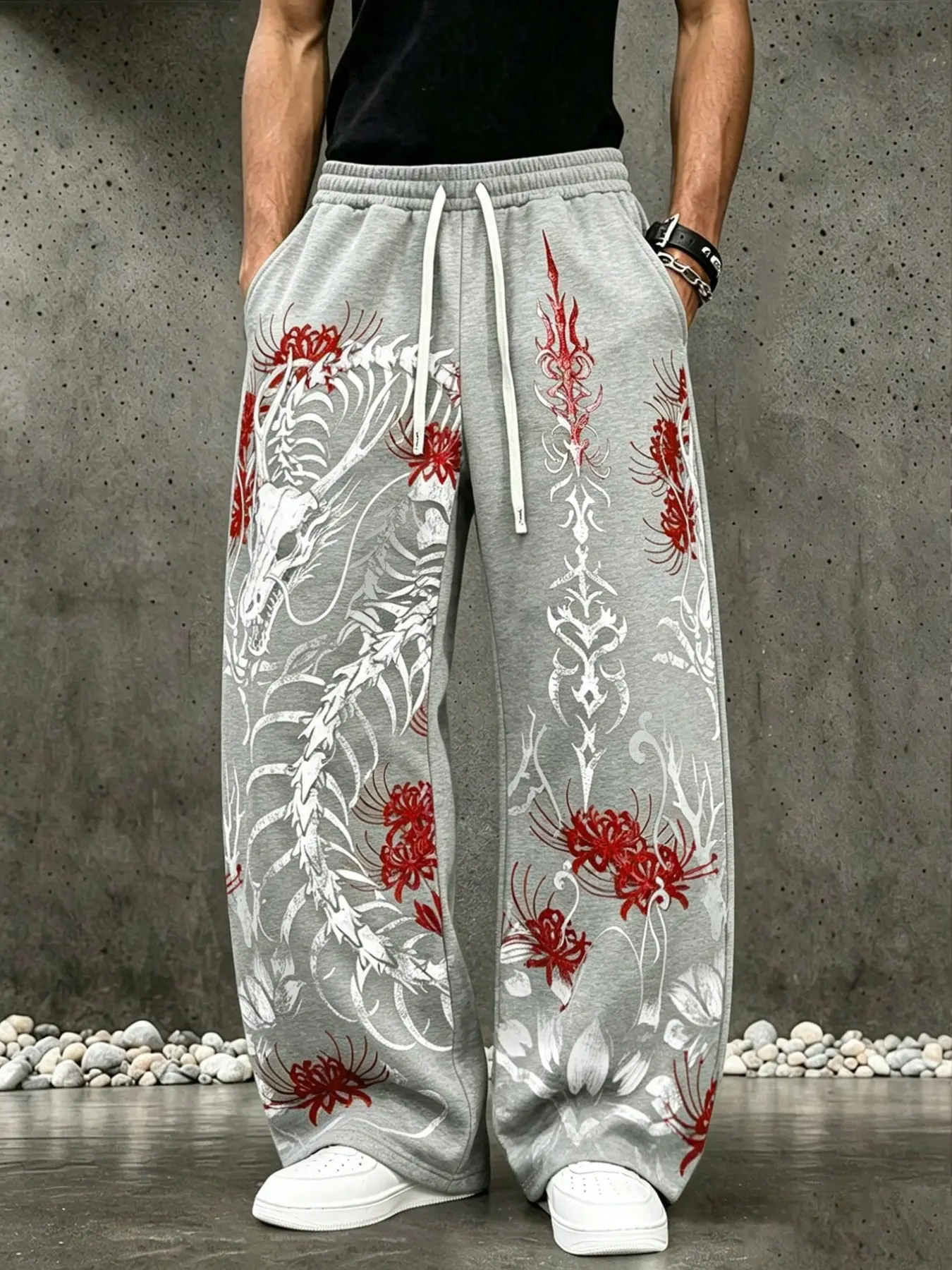 Vintage Grunge Alt Streetwear Baggy, Oversized Joggers Chinese Dragon Skull Skeleton & Red Spider Lily Full Print Men Casual Wide Leg Track Pants Elastic Stretch Waist Side Pocket Breathable Loose Trousers Punk EMO Night Club Harajuku Street