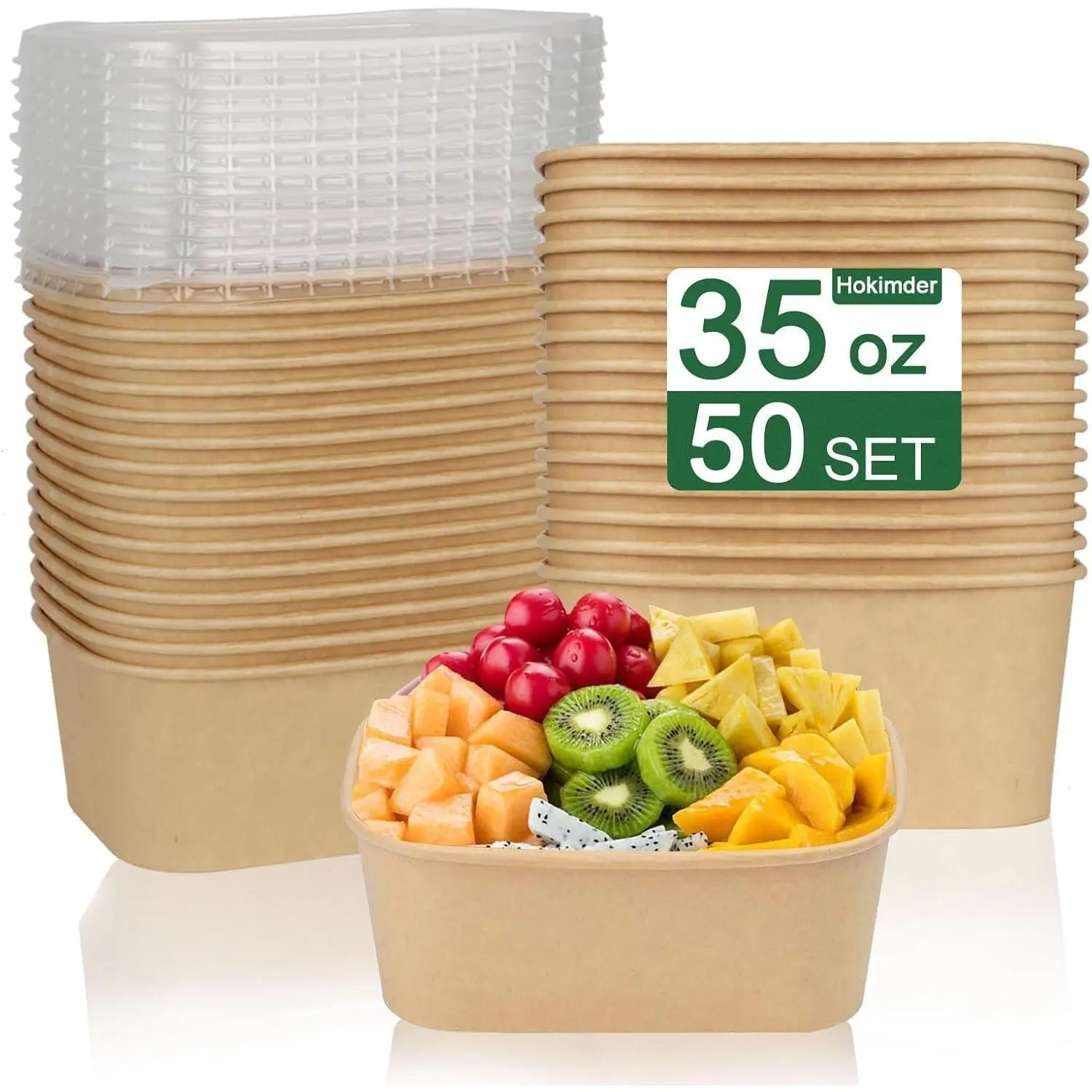 50 Pack 35oz Paper Food Containers with Lids, Cardboard Meal Prep Containers, Disposable Compostable Kraft Paper Bowls with Lids for Hot/Cold Food, Salad, Leftovers, Snacks, Desserts Rectangular