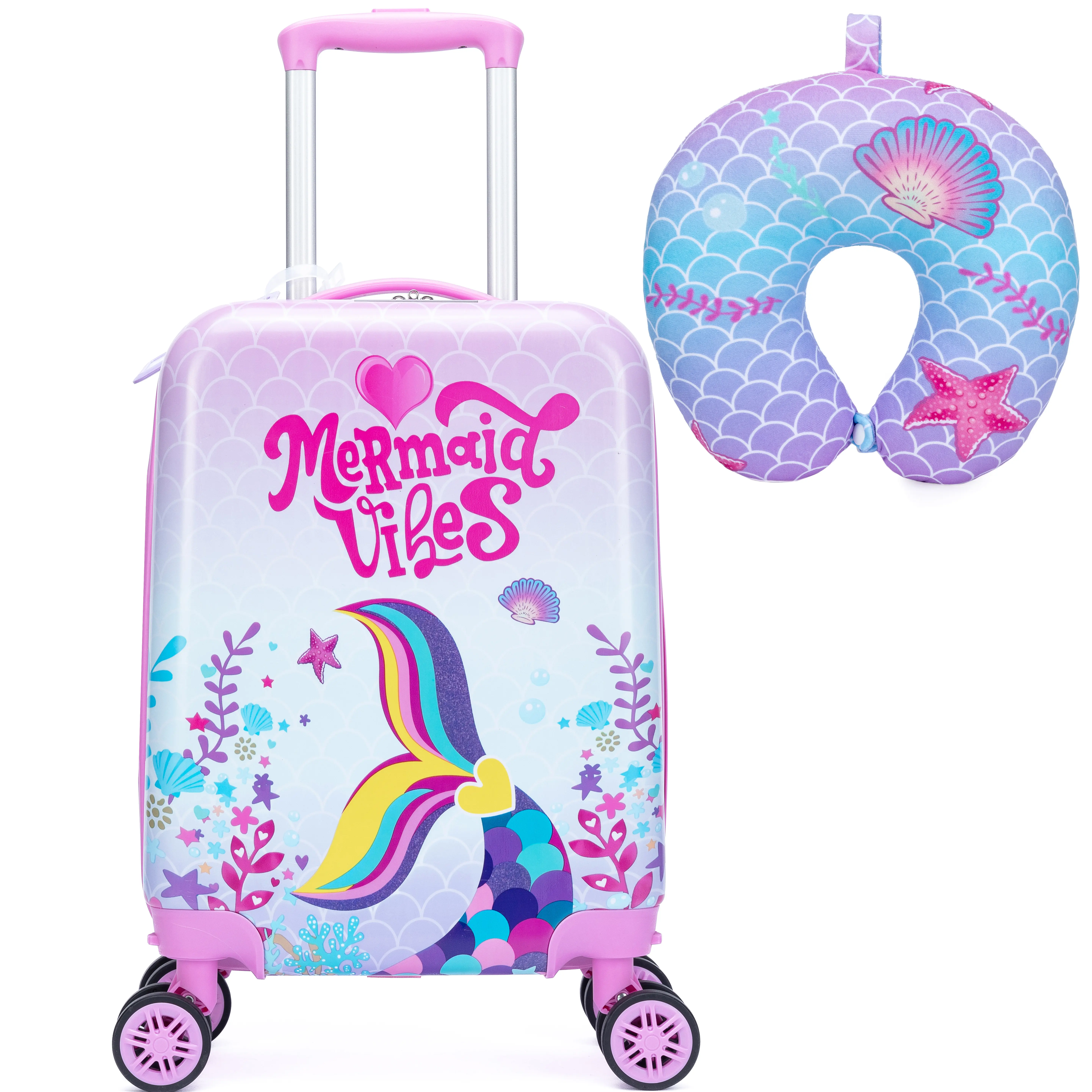 Kids Hard Shell Spinner Luggage Travel Set, ABS Plastic Suitcase with Spinner Wheels, Playful Look Mermaid Vibes Cute Trolley Case with Travel Neck Pillow