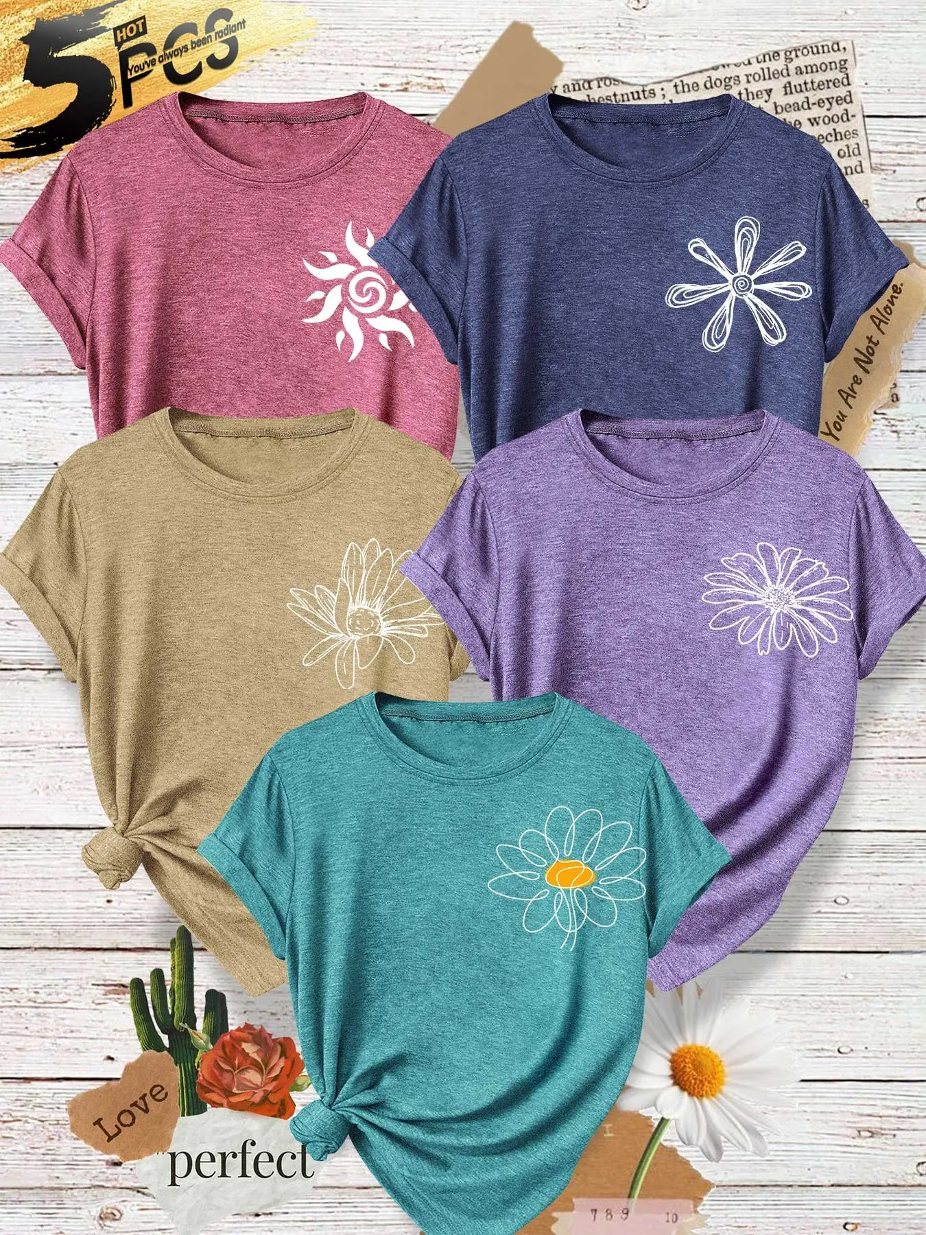 Five-Piece Women's Round Neck T-Shirts, Daisy Sunflower Print, Multiple Colors, Spring Summer Top, Soft Fabric, Casual Style