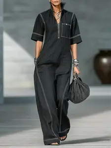 Women's Wide Leg Romper with Line Decoration, Chic Minimalist Style, Perfect for Urban Streetwear & Casual Gatherings