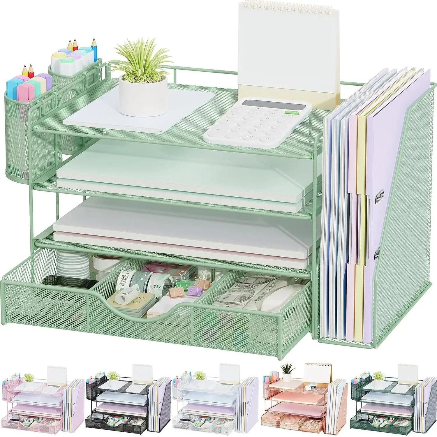 4-Tier Desk Organizer with Drawers, File Holders, Letter Trays, and Pen Holders - Sage Green Office Supplies & Workspace AccessoriesGift