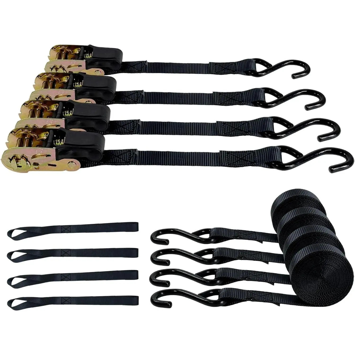 4-Pack Ratchet Straps - 15ft, 1800lb Break Strength Retractable Tie-Downs for Cargo Secure, Quick Release, Roof Rack Safe, Scratch Guard Protection