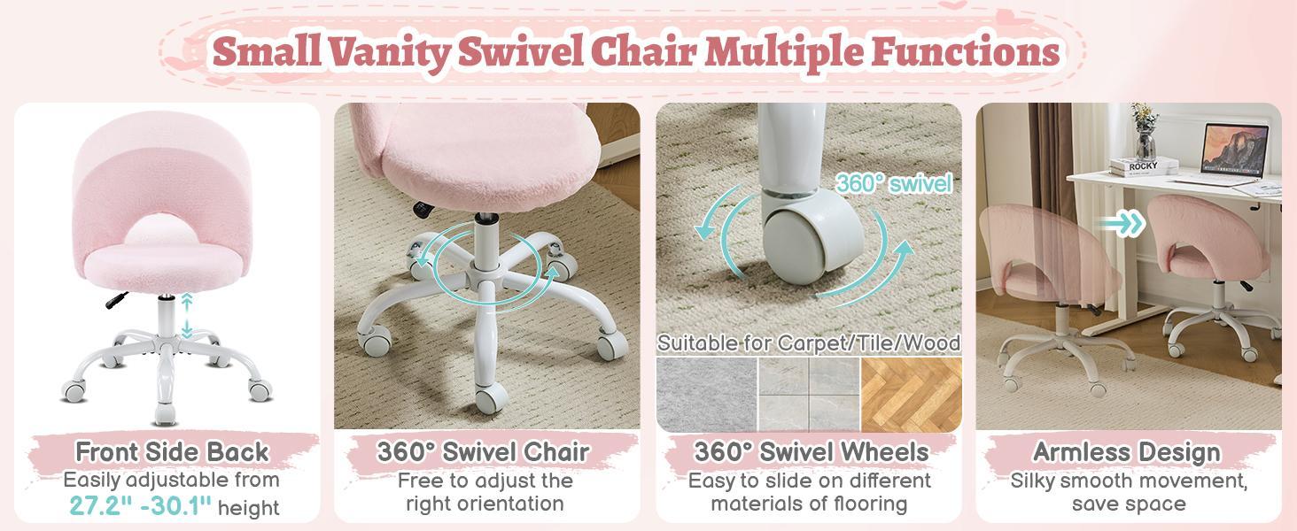 VINGLI Small Vanity Chair with Faux Fur Wheels for Girls,Cute Adjustable Height Armless Office Desk Chair,360°Swivel Comfy Rolling for Study,Make up Room,Small Space