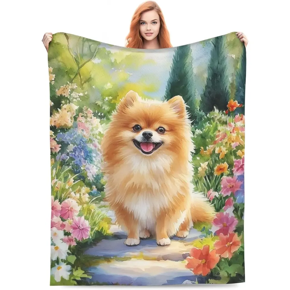 Pomeranian Dog Blanket - Realistic Pomeranian Puppy & Pomeranians Print, Soft Flannel All-Season Cozy Throw For Bed, Couch, Sofa - Large 80X60 Inch Pomeranians In Multi-Color (Brown/Orange/White) - Gift For Pet Lovers,,, Adults