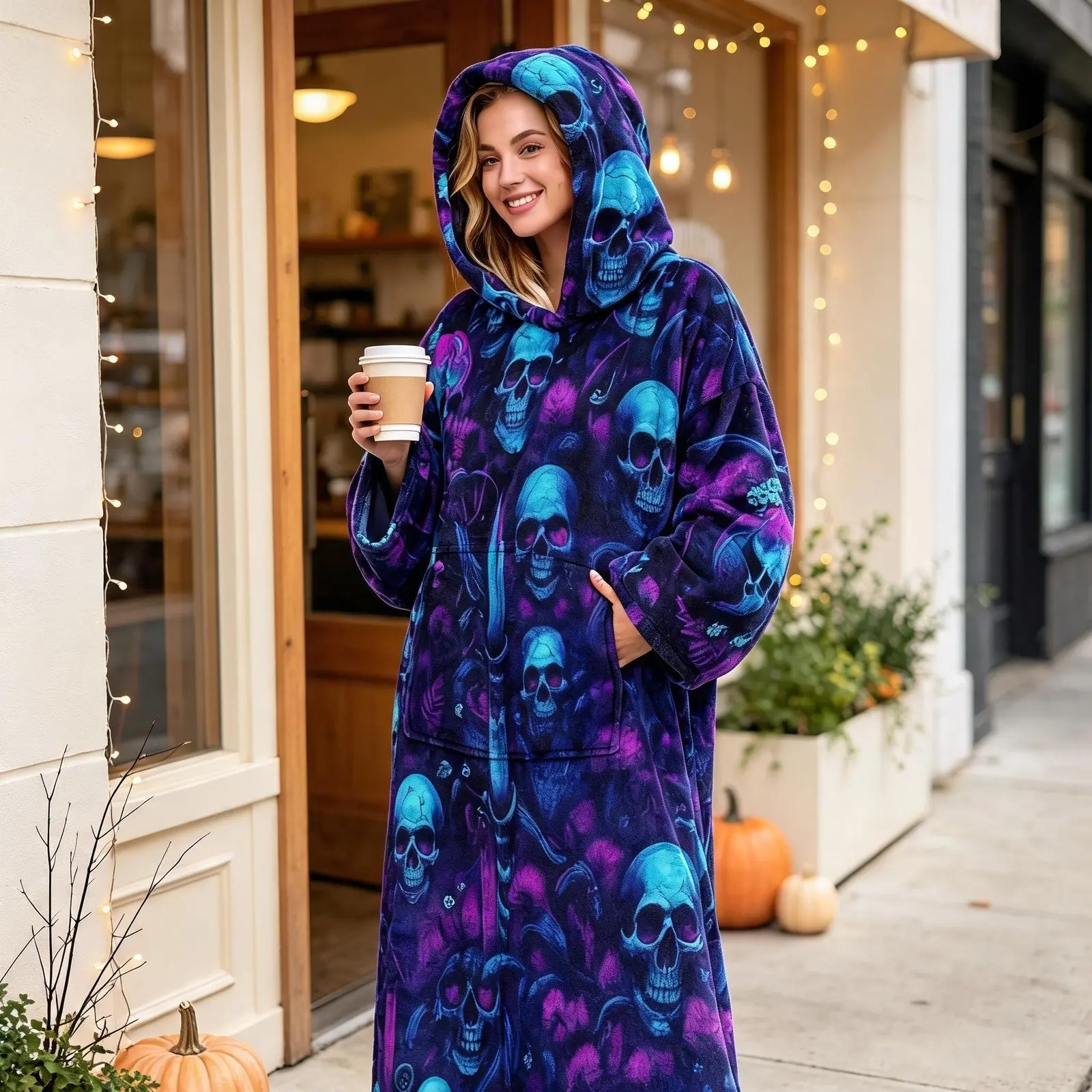 1pc Flannel Hooded Wearable Blanket - Dark Night Skull Fantasy PatternDark Fantasy Style Skin - friendly Soft All - in - one Robe for Living Wear, Ideal Warm Gift for Wife, Mother, Lover, Couples on Birthdays, Christmas, Halloween