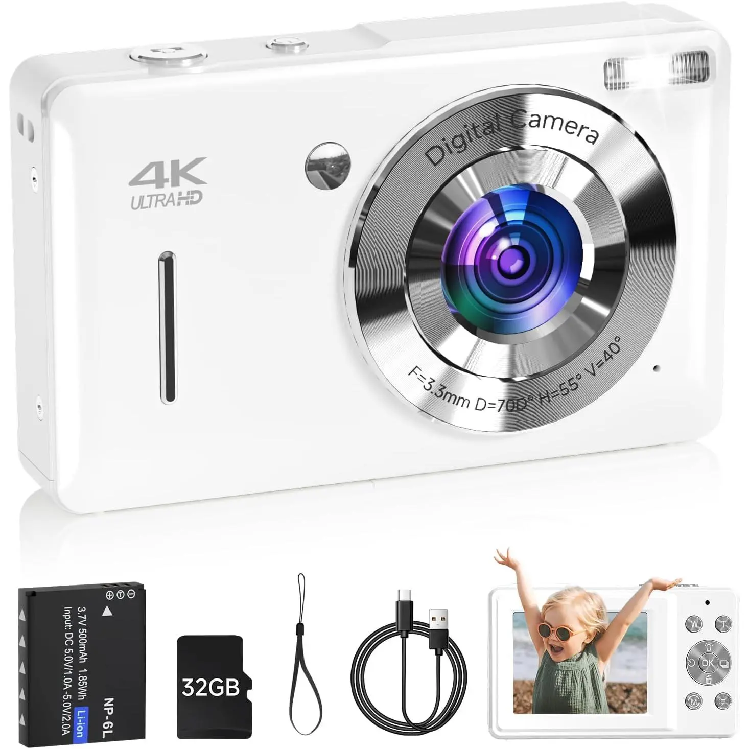 Digital Camera for , FHD 1080P 44MP Point and Shoot Digital Camera with  Detect, Smile Capture, 16X Zoom, 20 Filters, Anti Shake, 32GB SD Card White Compact  Camera for  Boys Girls