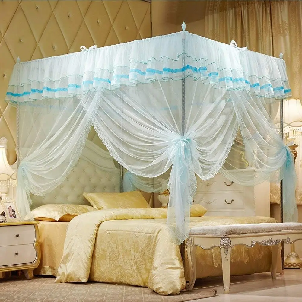 UOZZI BEDDING Turquoise 4 Corners Post Canopy Bed Curtain, 4 Opening Cute Cozy Square Mosquito Net for Twin Bed (45" W x 80" L), Princess Bedroom Decoration for Girls & Adults