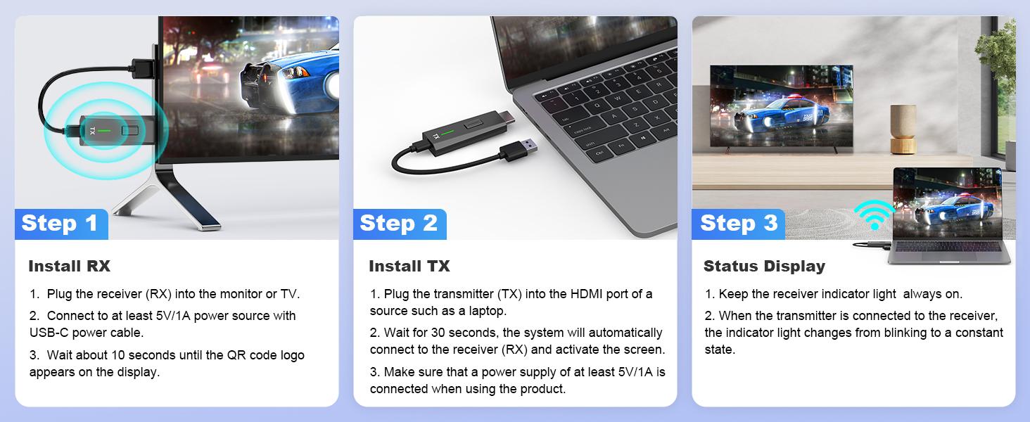 Wireless Hdmi Transmitter and Receiver,4k Decode 1080p Output,Plug & Play Portable 2.4g/5g,Wireless Hdmi Extender Kit for Streaming Video and Audio to Monitor from Laptop/Pc/Tv Box/Projector