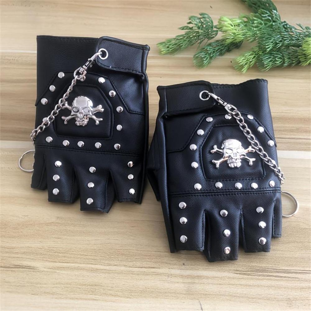 Men's Skull Half Finger Leather Gloves, Punk Rivet Chain Design, Anti-Slip Outdoor Sports & Motorcycle Riding Gloves, Novelty Pirate Style Performance Gloves