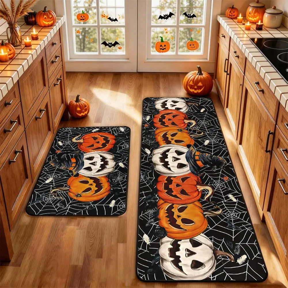 2Pcs Holloween Kitchen  Bathroom Rug Mat BOO! Terrifying Skeleton Horror Pumpkin Bat Spider Web Wizard Floor Mat Set Farmhouse Kitchen Bathroom Rug Non Slip Restaurant Floor Dining Room Laundry Room Decor Carpet Mat Fall Decor Home Decor Rug