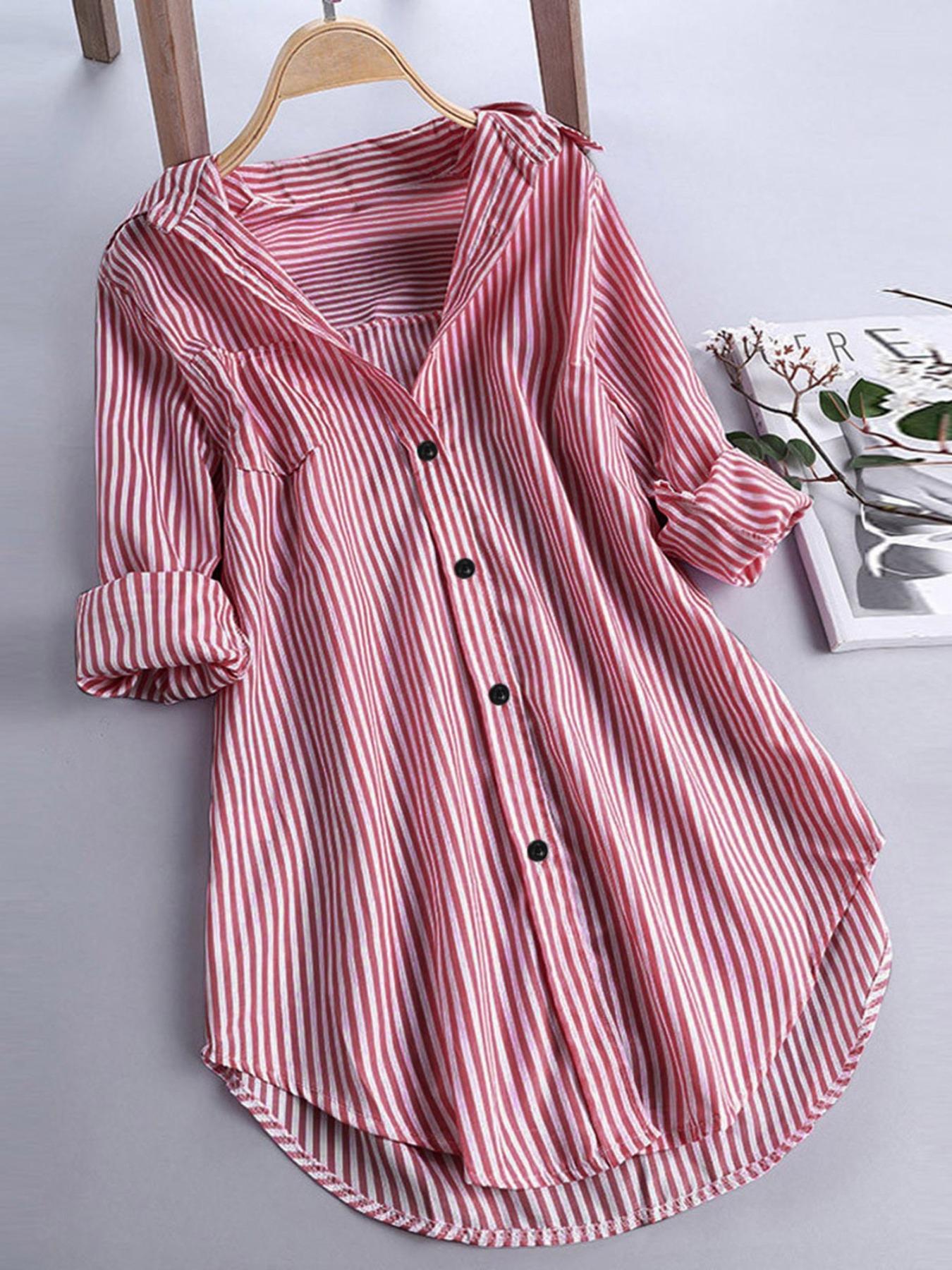 Plus Size Women's Striped Button Shirt, Loose Long Sleeve Casual Top, All Seasons Wear, Perfect for Office & Daily Use