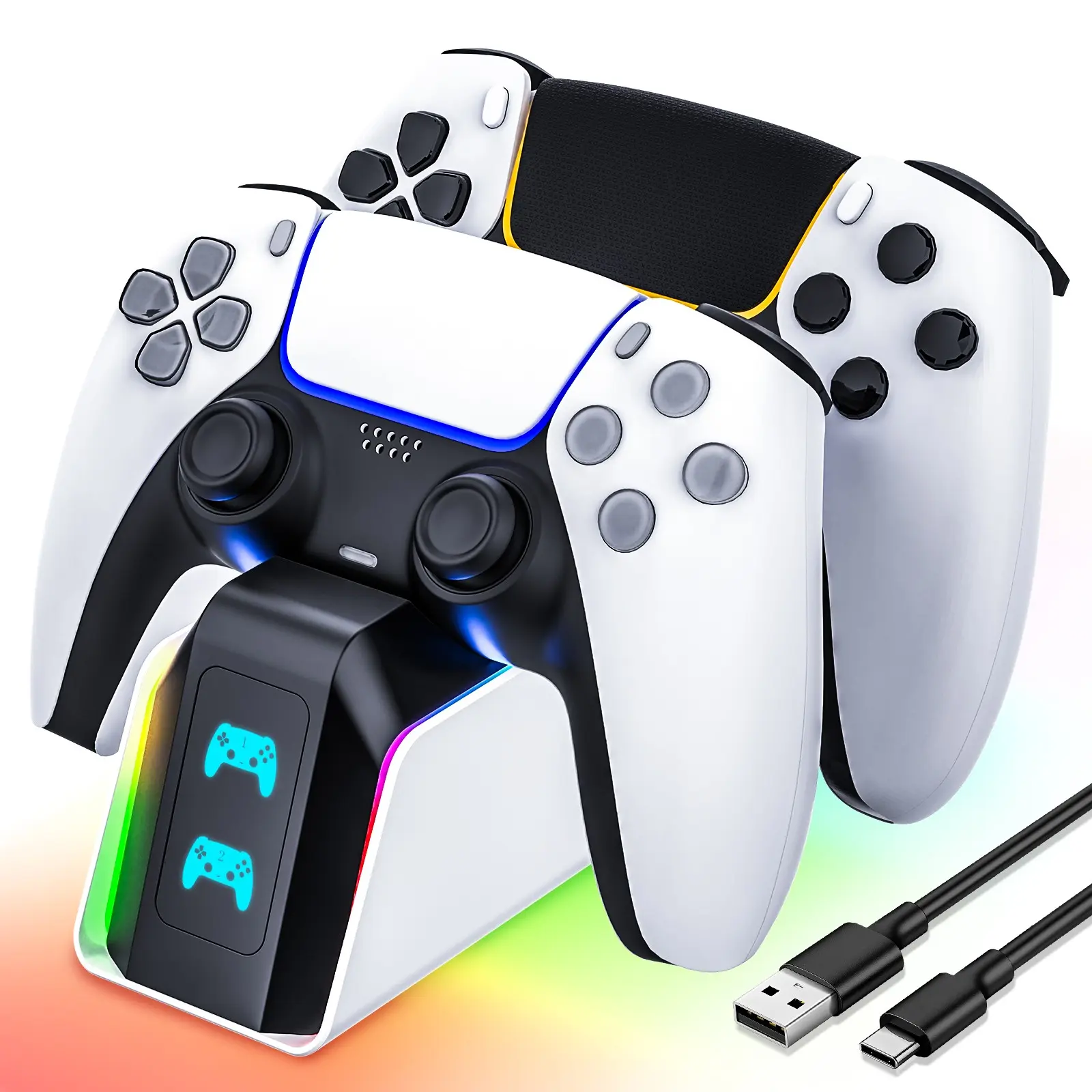 PS5 Controller Charger Dock, DualSense and Edge Charging Station for 2 Controllers, Gaming Console Accessories, 2.5H Fast Charging Dock with 9 RGB Light Modes, LED Charging Indicator, USB-C Cable, Anti-Slip Pads, Compatible with PS5 Controllers