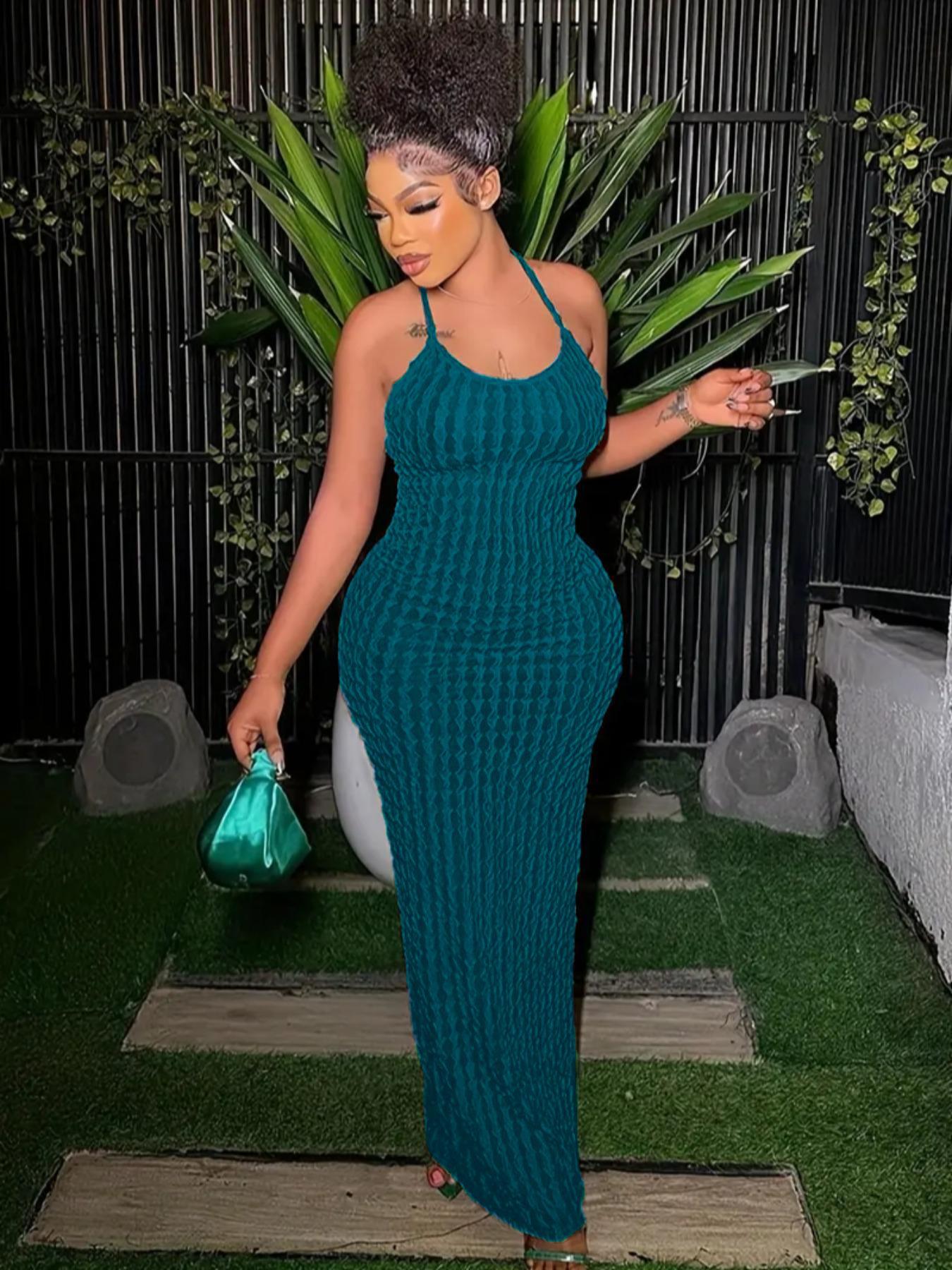 Women's Solid Criss Cross Backless Frill Trim Cami Dress, Bodycon Maxi Dress for Party Club Dating Wear, Dresses for Women, Summer Dresses, Womenswear, Lady Women's Solid Criss Cross Backless Frill Trim Cami Dress, Bodycon Maxi Dress for Party Club Dating Wear, Dresses for Women, Summer Dresses, Womenswear, Lady