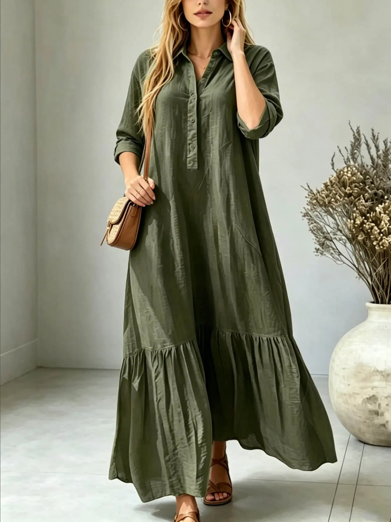 A women's fashionable, gentle, casual, lazy style solid color dress with a shirt collar twist button design, suitable for summer, daily commuting, beach travel, dates, picnics, etc., Casual Chic Dress