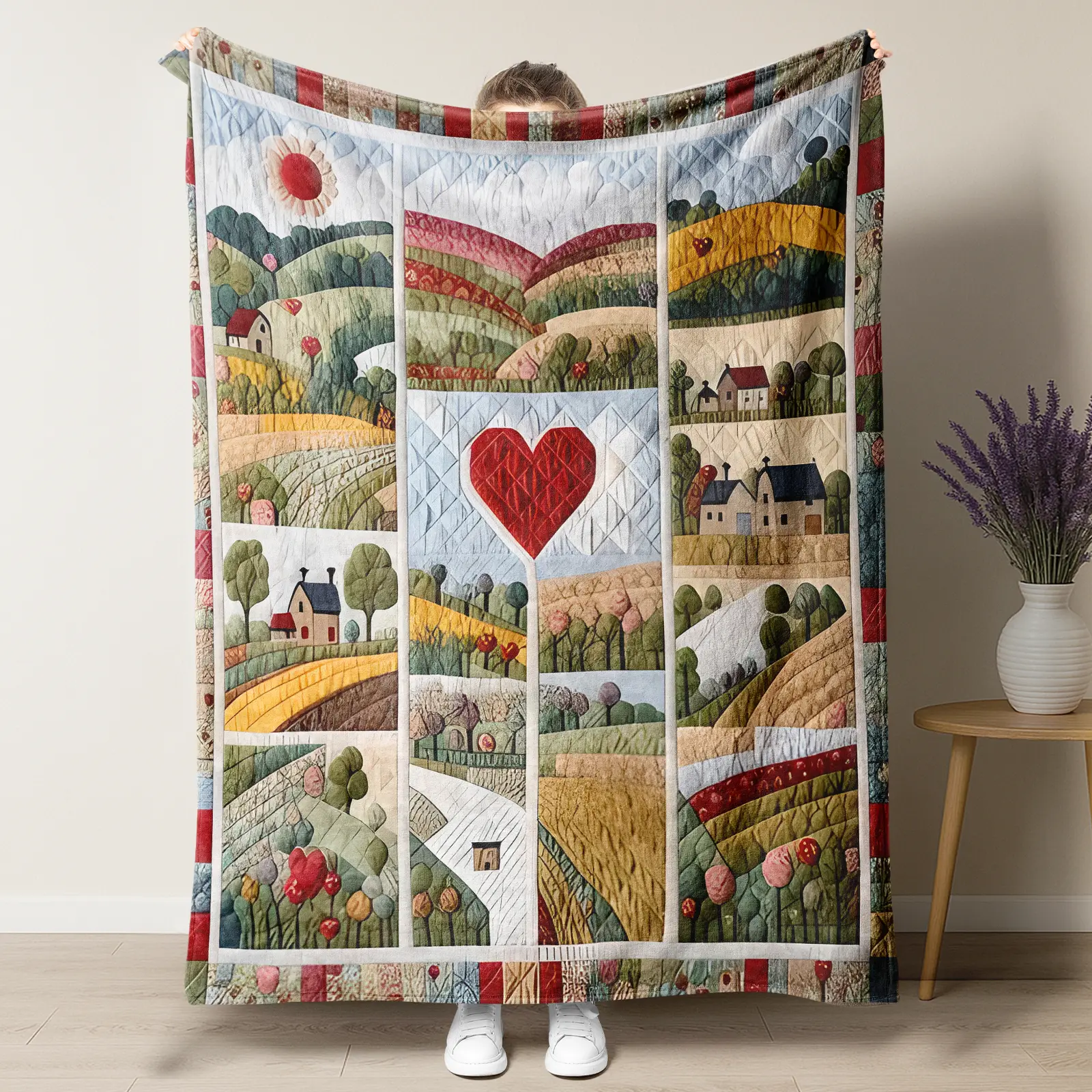 Rustic Farmhouse Throw Blanket, Vintage Country Patchwork Quilt Print Fleece Blanket, Cute Red Heart Countryside Landscape Cozy Soft Flannel Blanket, Cottagecore Housewarming Gifts