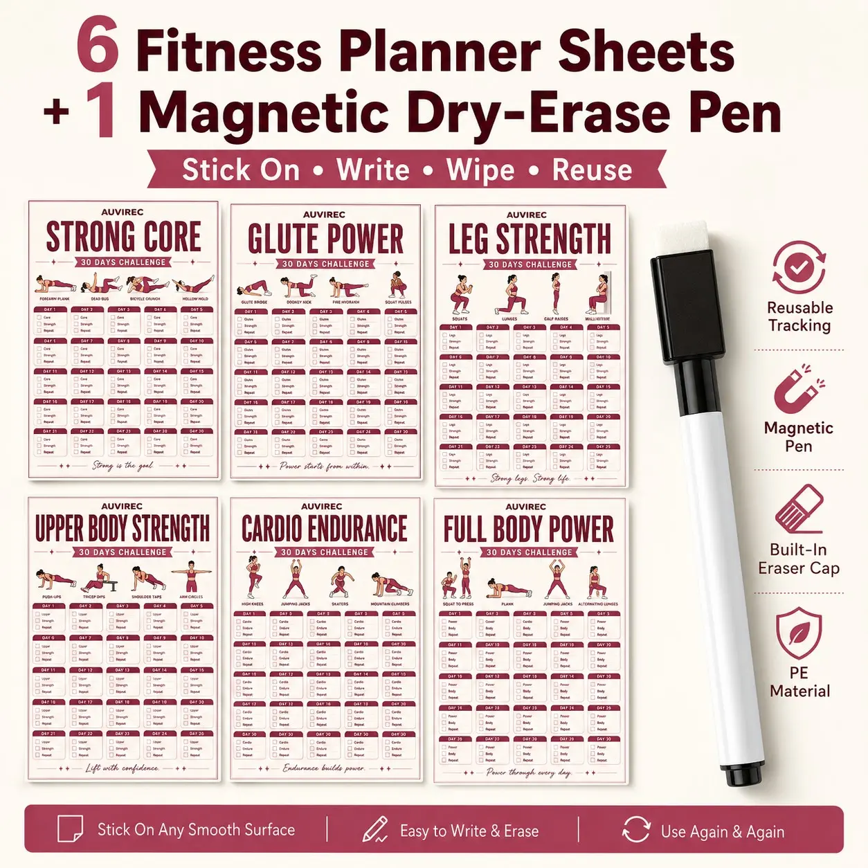 Auvirec 6-Piece Reusable Fitness Planner Set, 30-Day Workout Tracker Board, Pet Erasable Training Log, Includes Marker Pen, Home Gym Use