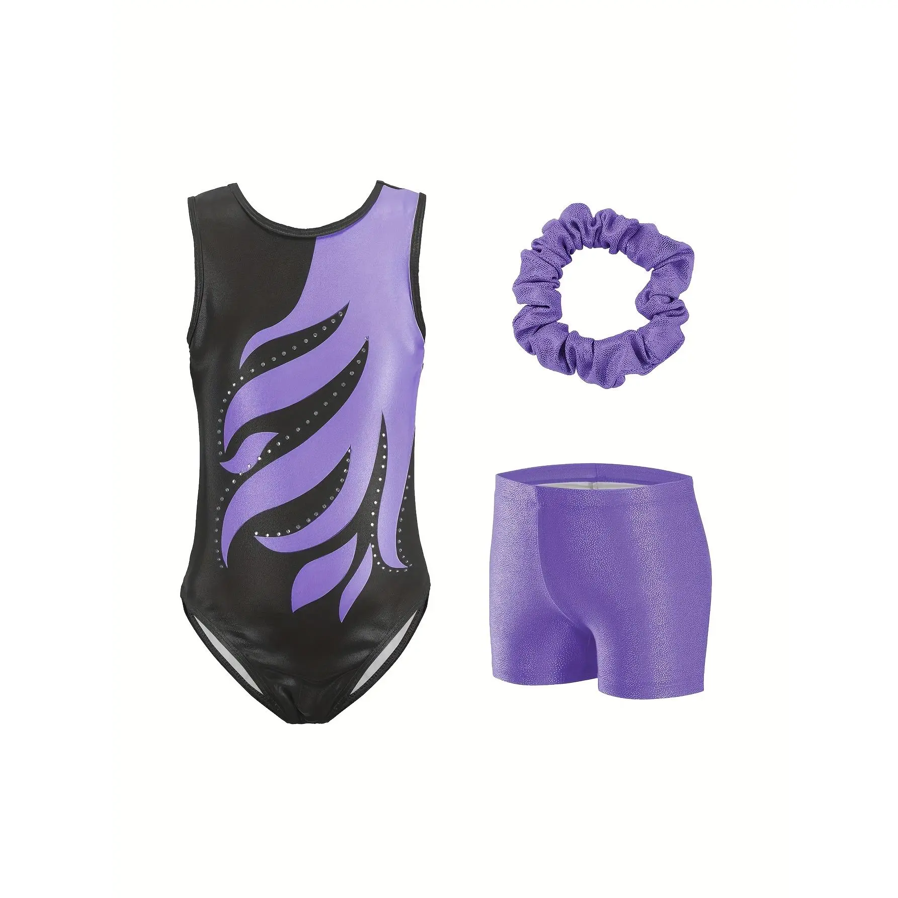 Girls' Sleeveless Triangle Sparkle Print Pattern Shiny Silver-Plated Rhinestone Sports Leotard Gymnastics Outfit with Headband and Shorts 3-Piece Training Set