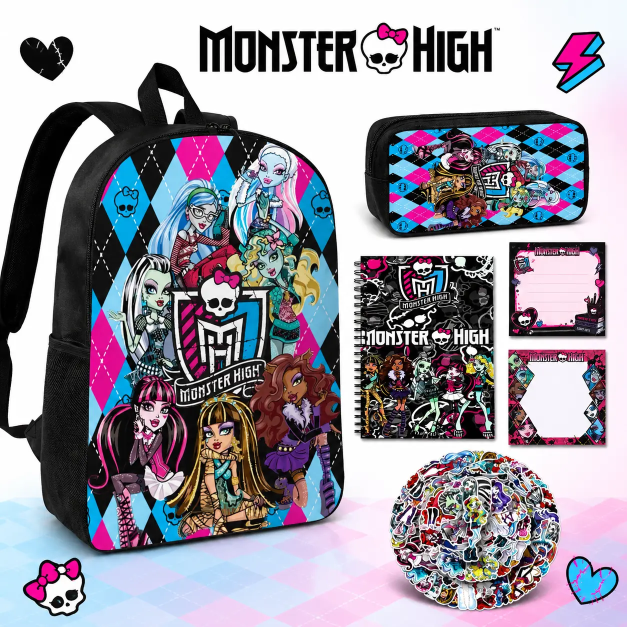 2026 Monster High School Backpack with 1 Pencil Case 1 Notebook, 2 Note Pads, 50pcs Stickers, School Book Bag Kit  for Girls Boys Teens, Back To School Supplies Kit Stationery Gift Elementary Middle School Teens
