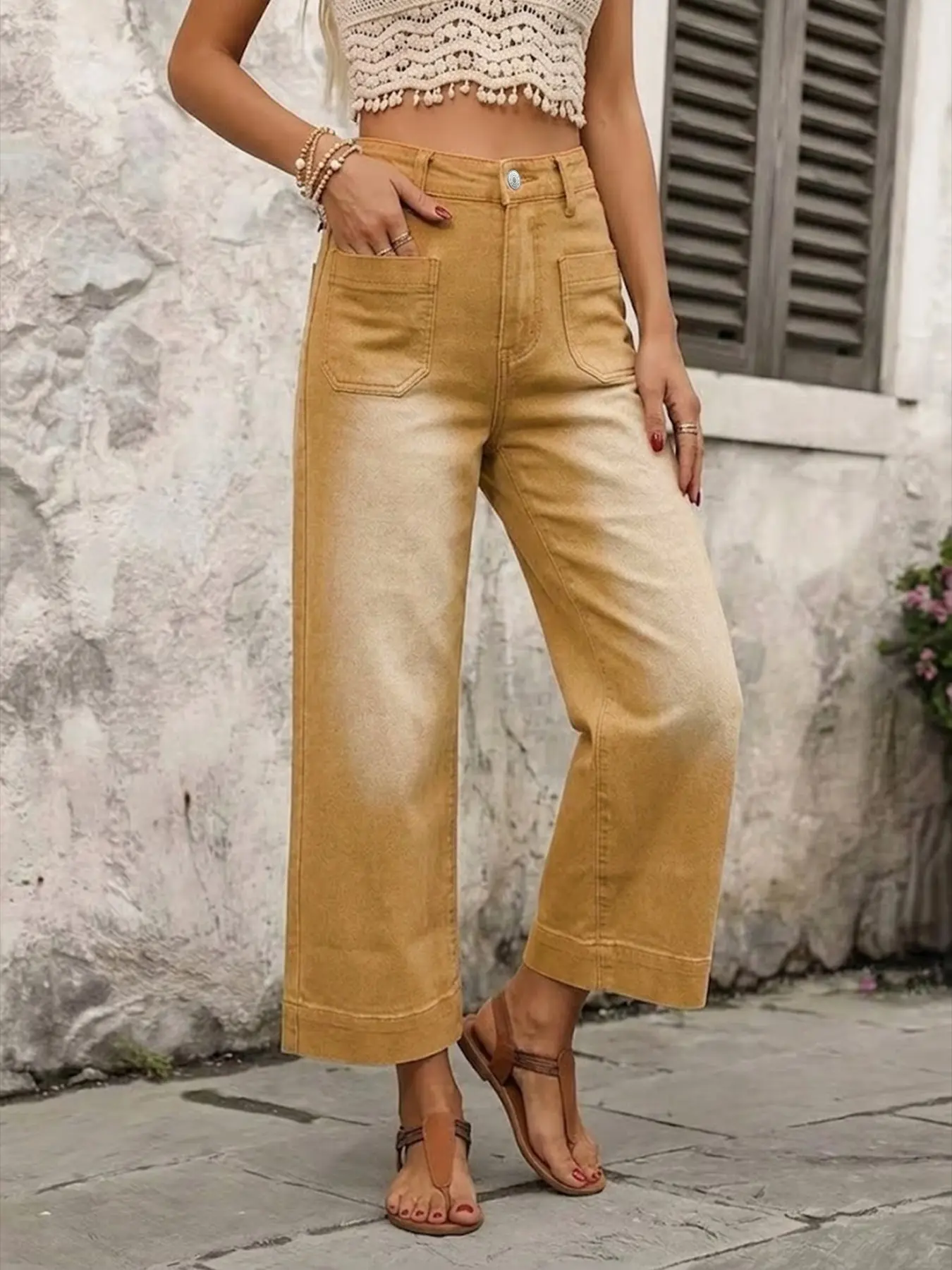 Women's Casual Street Patchwork Pocket Loose Fit Wide Leg Jeans，Baggy Loose Summer Jeans, Perfect for All Seasons & Casual Occasions