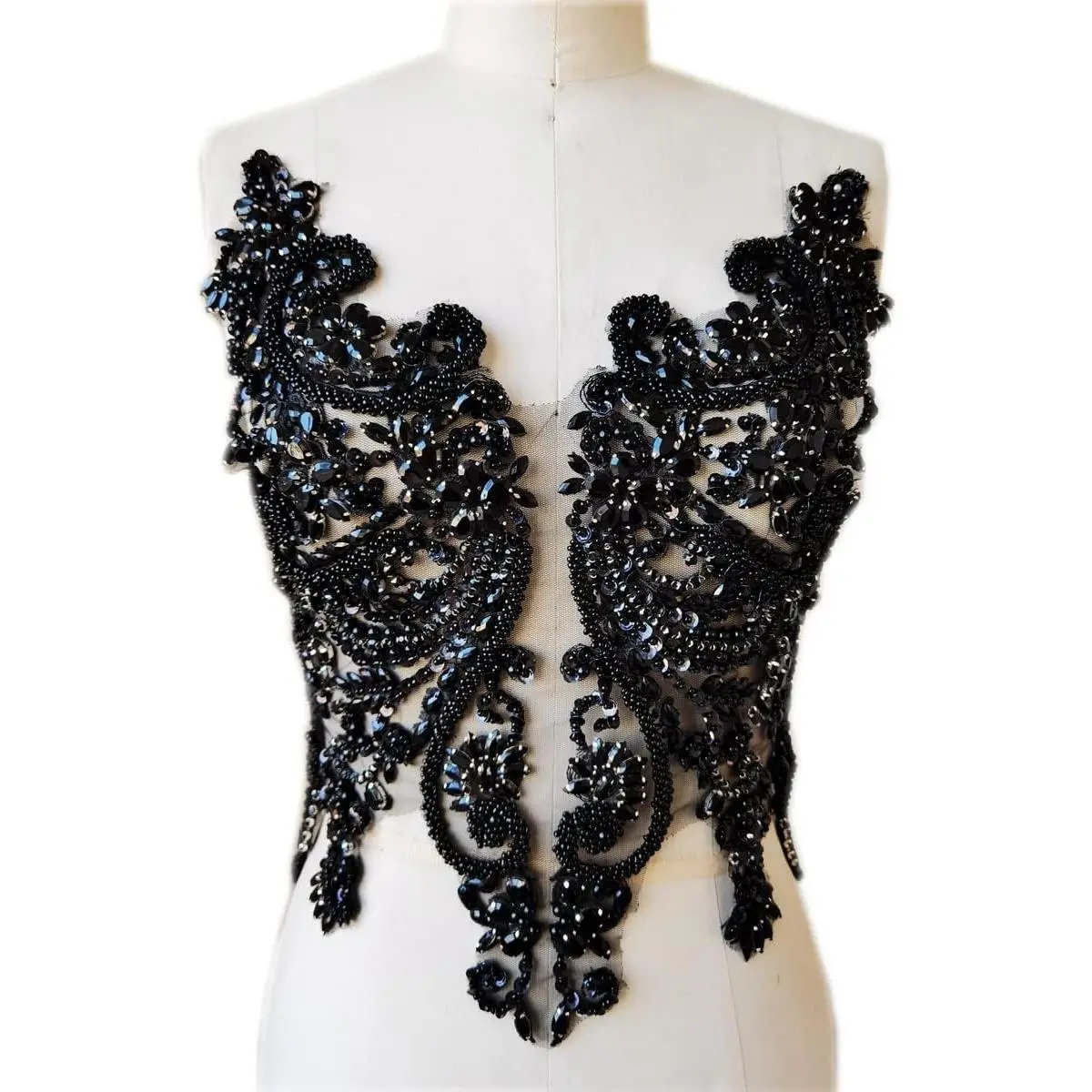 Handmade Rhinestones Lace Bodice Applique Sew on Beads Sequins Trimming Patches for Dress Clothing Accessories