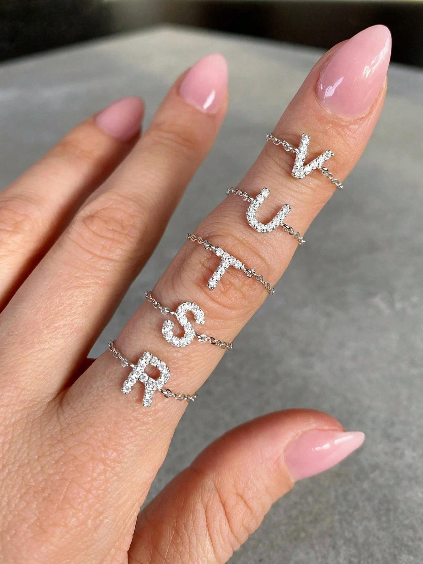 S925 Sterling Silver Initials Designed Artificial Zircon Decor Adjustable Chain Ring, Alphabet Design Ring, Personalized Daily Wear Ring, Fine Jewelry for Dating, Party, Wedding, Engagement, Anniversary Gift, Adjustable Rings