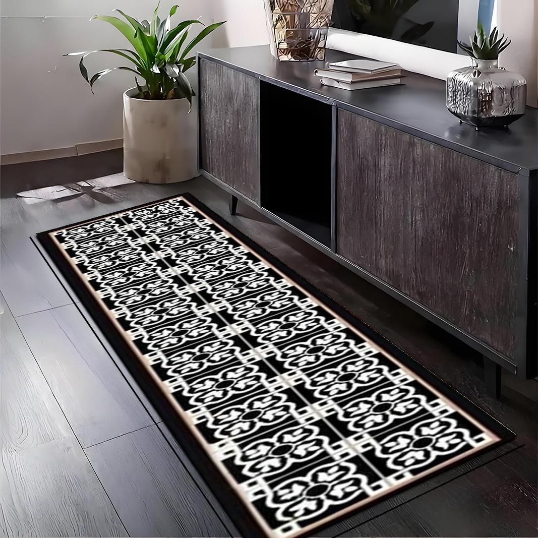 1pc of Black And White Floral Geometric Pattern Vintage Style Kitchen Rug, Hallway Carpet, Long Runner, Soft And Durable, Machine Washable And Easy to Clean,  Non-Slip Backing, Suitable for Kitchen Mats