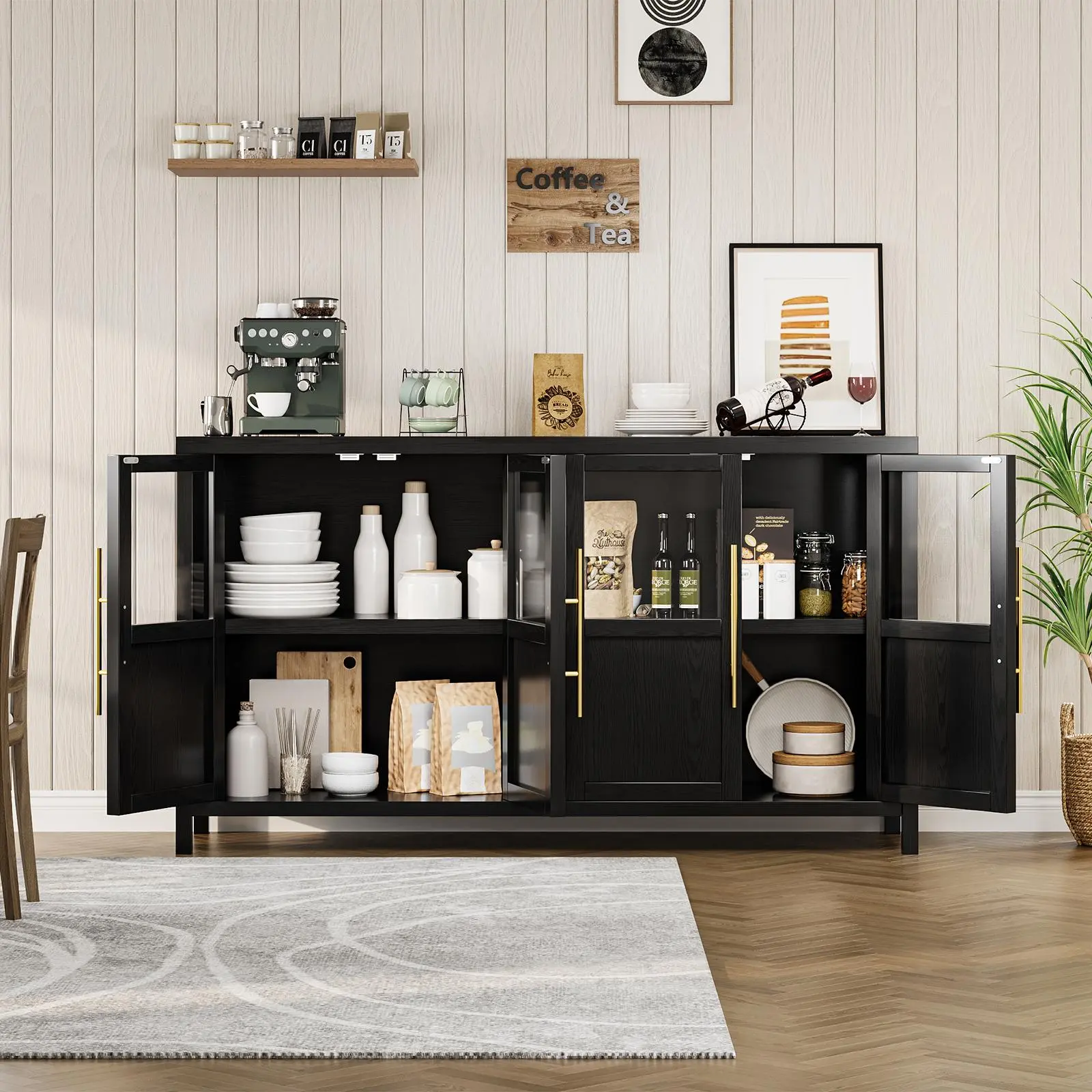 Modern Glass-Door Buffet Cabinet - Single Unit with Ample Storage, Sturdy Base for Kitchen, Dining Room, Glass Doors