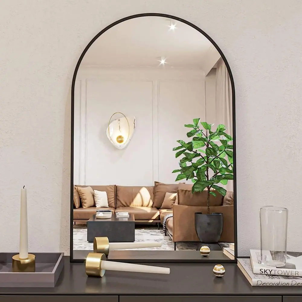 Littleox 24x36 Inch Black Aluminium Framed Arched Glass Bathroom Mirror, Contemporary Home Decor Wall Mirror with Easy Installation (W2203134097)