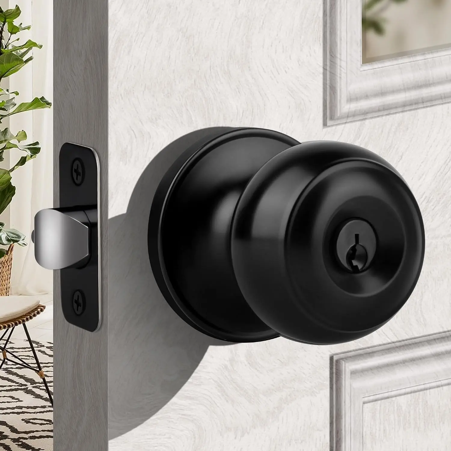 Keyed Entry Door Knob with Lock and Key, Interior and Exterior Locking Flat Ball Knob for Front Door or Bedroom, Black