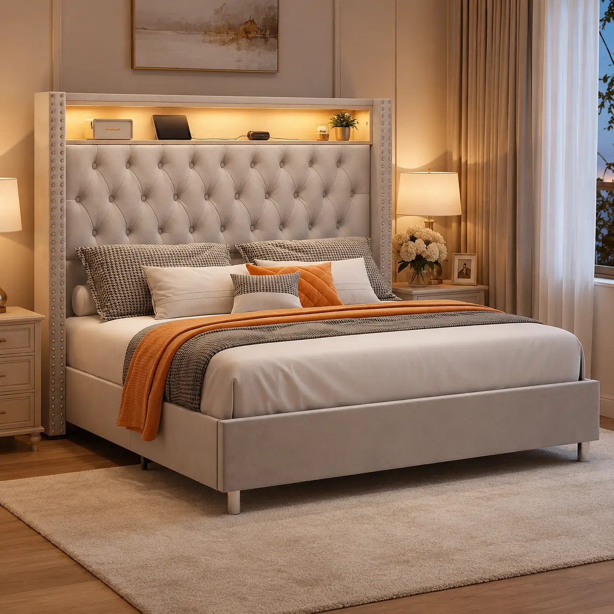 Light Luxury Cream Velvet Panel Bed available in two sizes: standard double bed and oversized double bed, featuring an elegant and grand overall style.Its wing-shaped headboard is embedded with ambient light strips and charging sockets, and a motion-sens