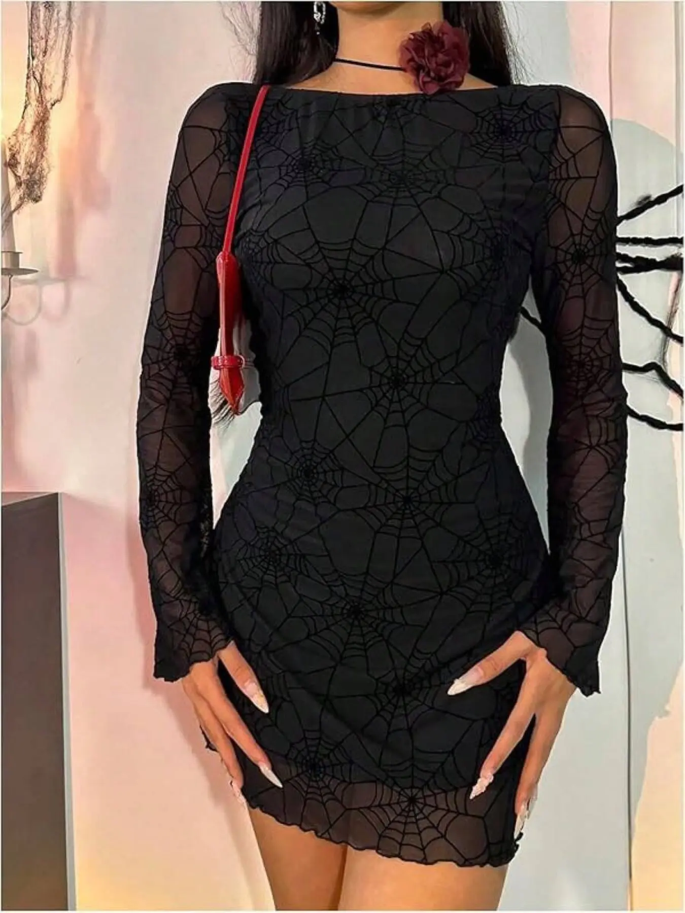 Spider Web Mesh Dress, Women's Off-Shoulder Bell Sleeve Ruffle Hem Mini Dress, Halloween Night Club Party