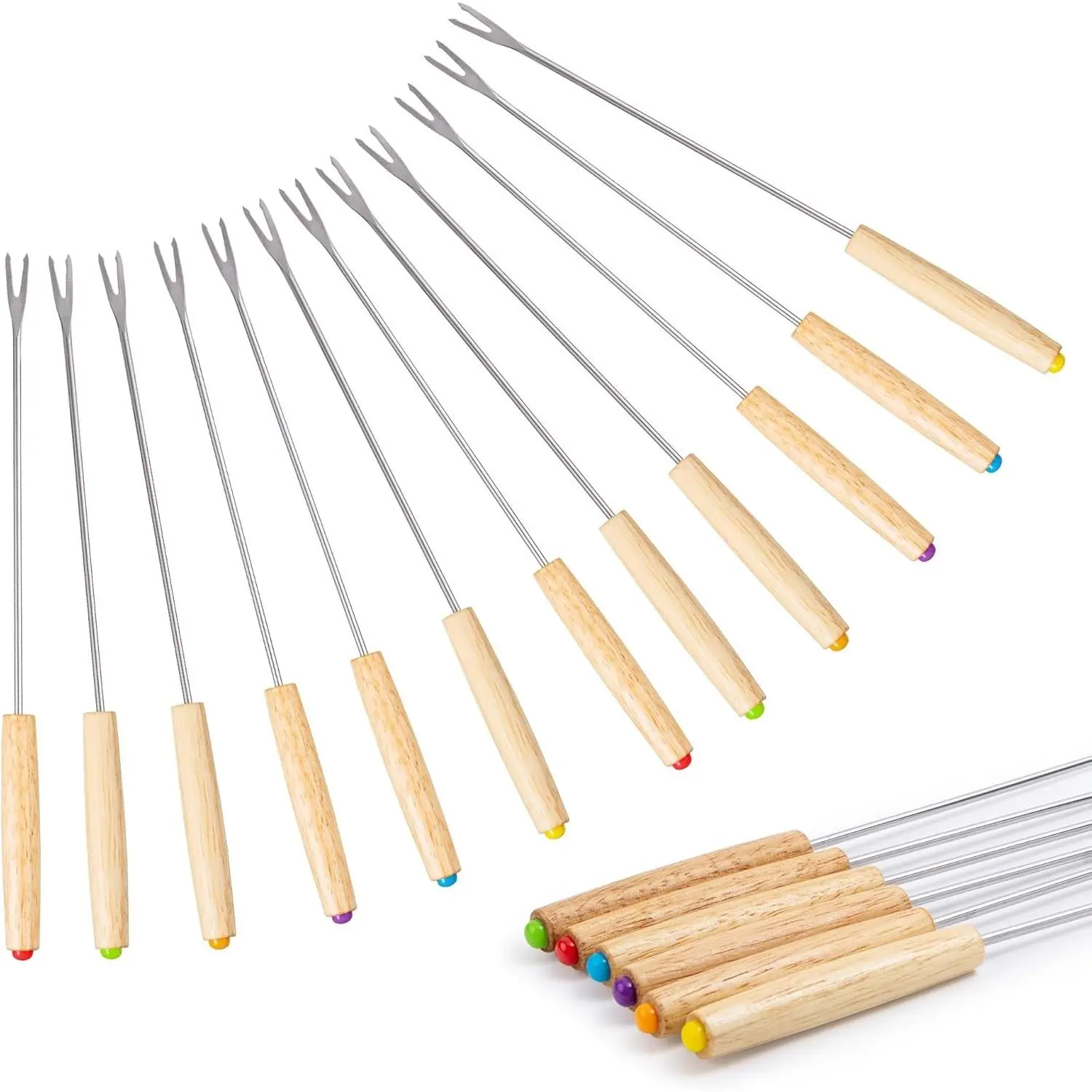 12PCS 9.5 Inch Color-Coded Wood Fondue Forks, Stainless Steel Fruit Fondue With Heat-Blocking Handle for Chocolate Fountain and Cheese