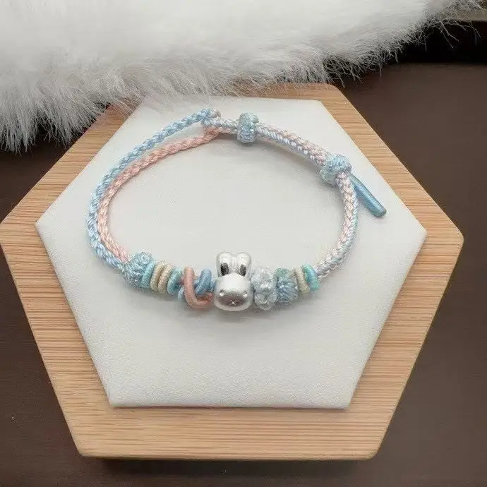Kawaii Miffy Rabbit Bracelet Pure Silver Cute Rabbit Hand-woven Rope Pure Silver Bracelet A Gift for Best Friends and Couples