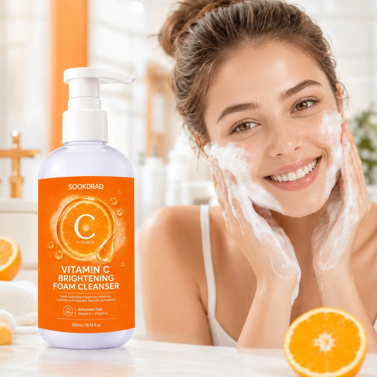 Vitamin C Brightening Foam Cleanser, Vitamin C, Vitamin E, antioxidant, refresh, hydrate, soften skin, radiant skin, face, all skin types, 300ml/10.14 fl oz
