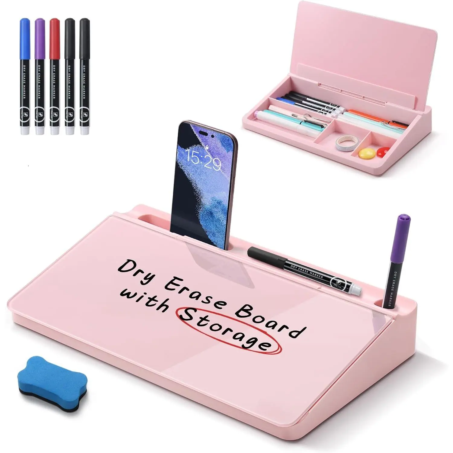 Desktop Glass Whiteboard with Storage, Small Dry Erase White Board  Pad Keyboard Stand for , School, Office Desk Accessories -