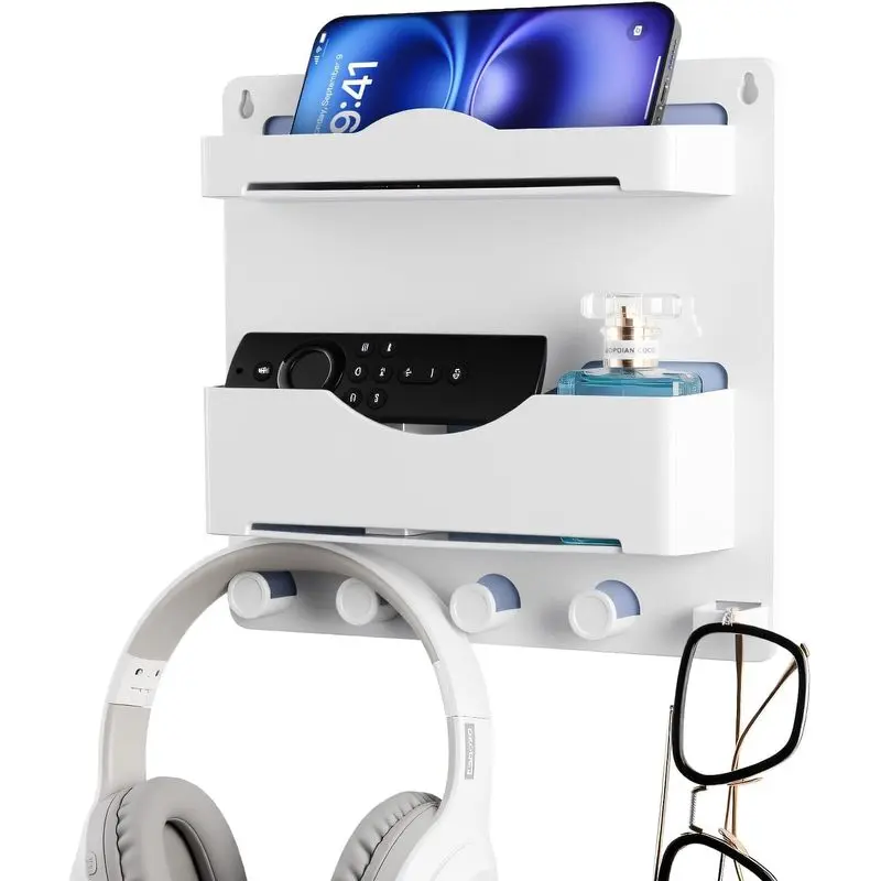 Bedside Wall Shelf with Glasses Hooks, Adhesive Nightstand Organizer Wall Mount for Phone, Remote, Earbuds, Kindle & Bedroom Storage