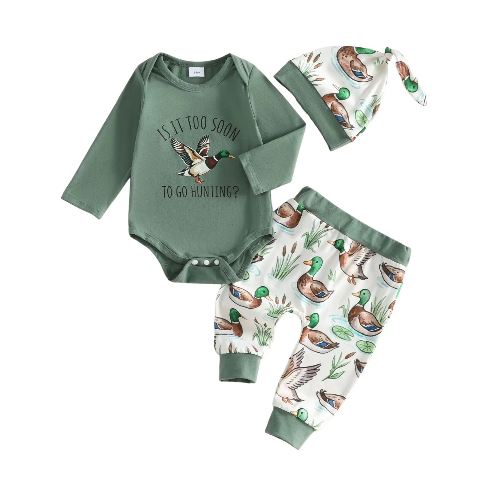 REDWOON Infant Baby Boy Mallard Duck Hunting Outfit Long Sleeve Romper Bodysuit Jogger Pants Knot Hat Set 0-18 Months