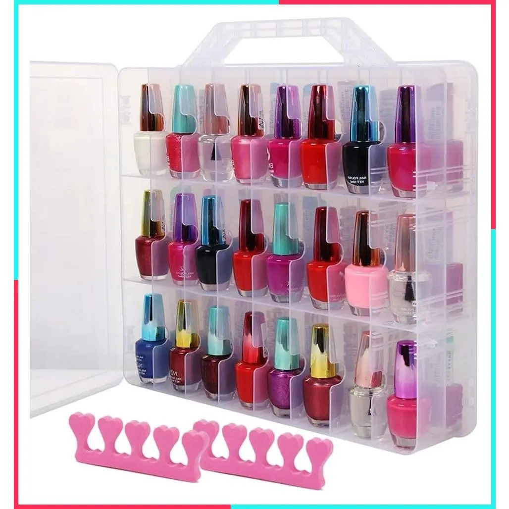 Portable Clear Double-Sided Nail Polish Organizer, Gel Nail Polish Storage for 48 Bottles with 6 Adjustable Dividers per Side, Space Saver
